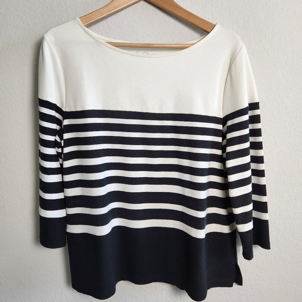 Chicos black and white striped knit top with a boat neck & three-quarter sleeves